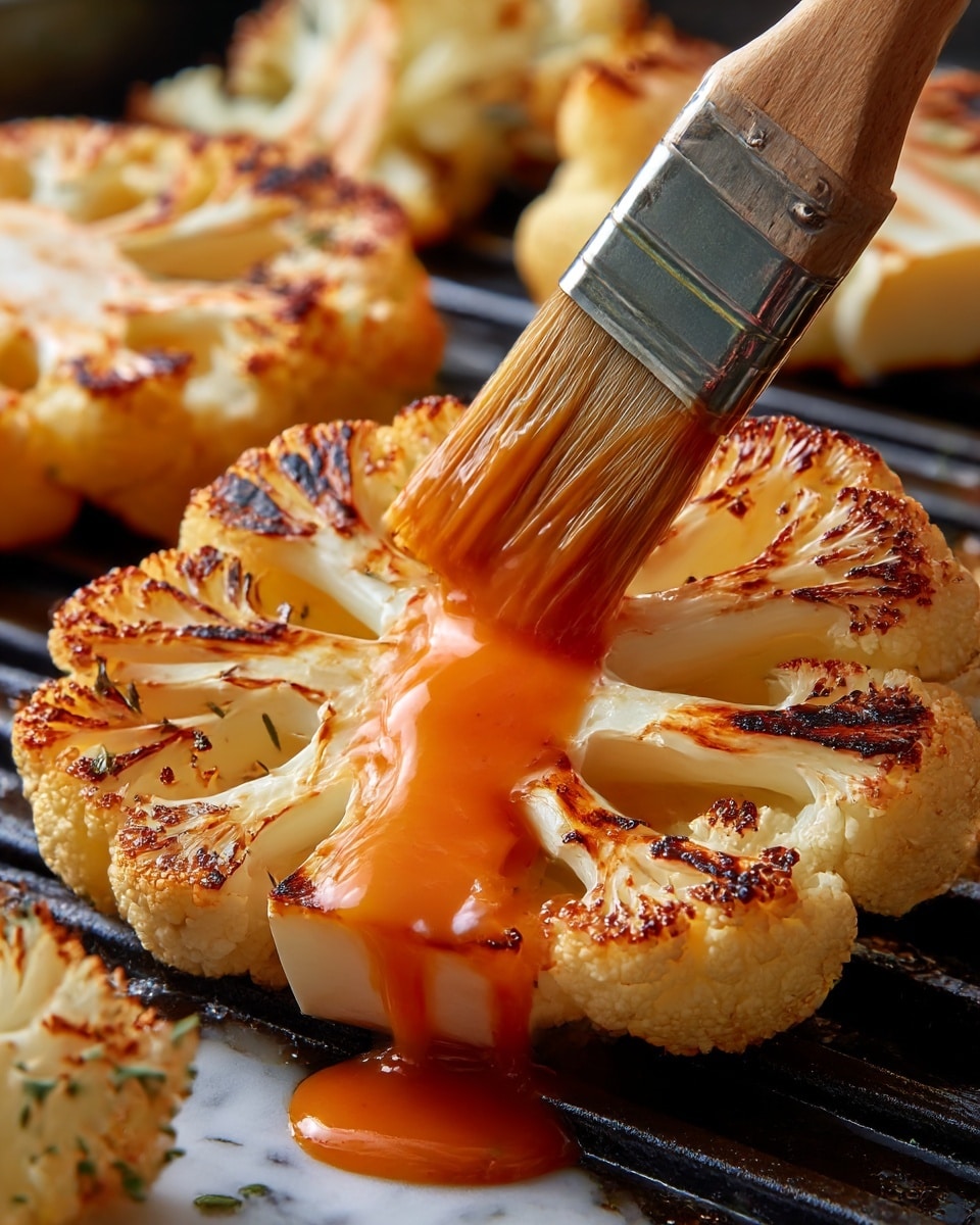 The image shows a close-up of a cauliflower steak being brushed with a thick, bright orange sauce using a wooden brush with a metal band. The cauliflower is grilled and has charred black marks on its creamy white surface, with the sauce dripping over the ridges, creating a glossy texture. In the background, more cauliflower pieces are also being grilled on a dark grill surface, slightly blurred to keep focus on the front piece. The whole scene is set on a white marbled texture. Photo taken with an iphone --ar 4:5 --v 7