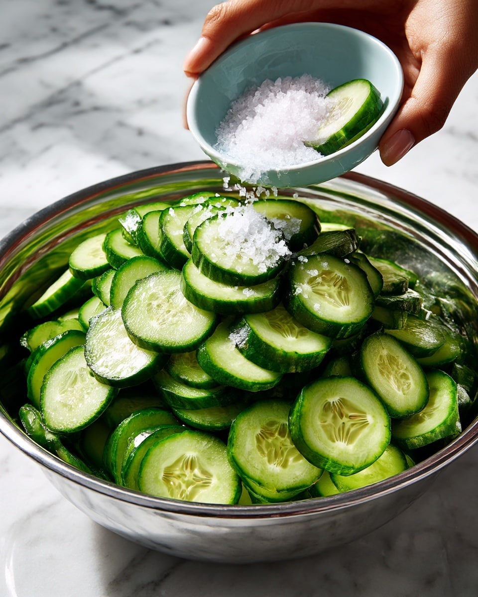 A shiny silver bowl sits on a white marbled surface, filled with many thin, green cucumber slices layered unevenly. A woman's hand holds a small, light blue bowl above the cucumbers, pouring a small pile of white salt onto them. The cucumber slices show their pale green centers with seeds and darker green rinds along the edges. The image is bright and clear, focusing on the bowl and the woman's hand in the middle of the action. photo taken with an iphone --ar 4:5 --v 7
