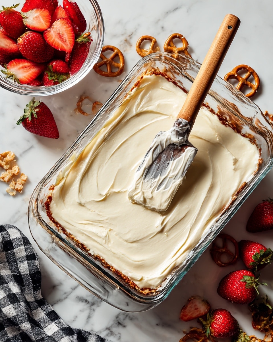 A rectangular glass dish holds a smooth, creamy white layer spread evenly on top of a thin pretzel crust, visible at the edges. Next to the dish, a spatula with a wooden handle is covered with the same white creamy mixture. The dish is placed on a white marbled surface with some pretzels and fresh red strawberries scattered around. A clear glass bowl with sliced strawberries sits nearby, and a black and white checkered cloth is partly visible at the bottom left. Photo taken with an iphone --ar 4:5 --v 7