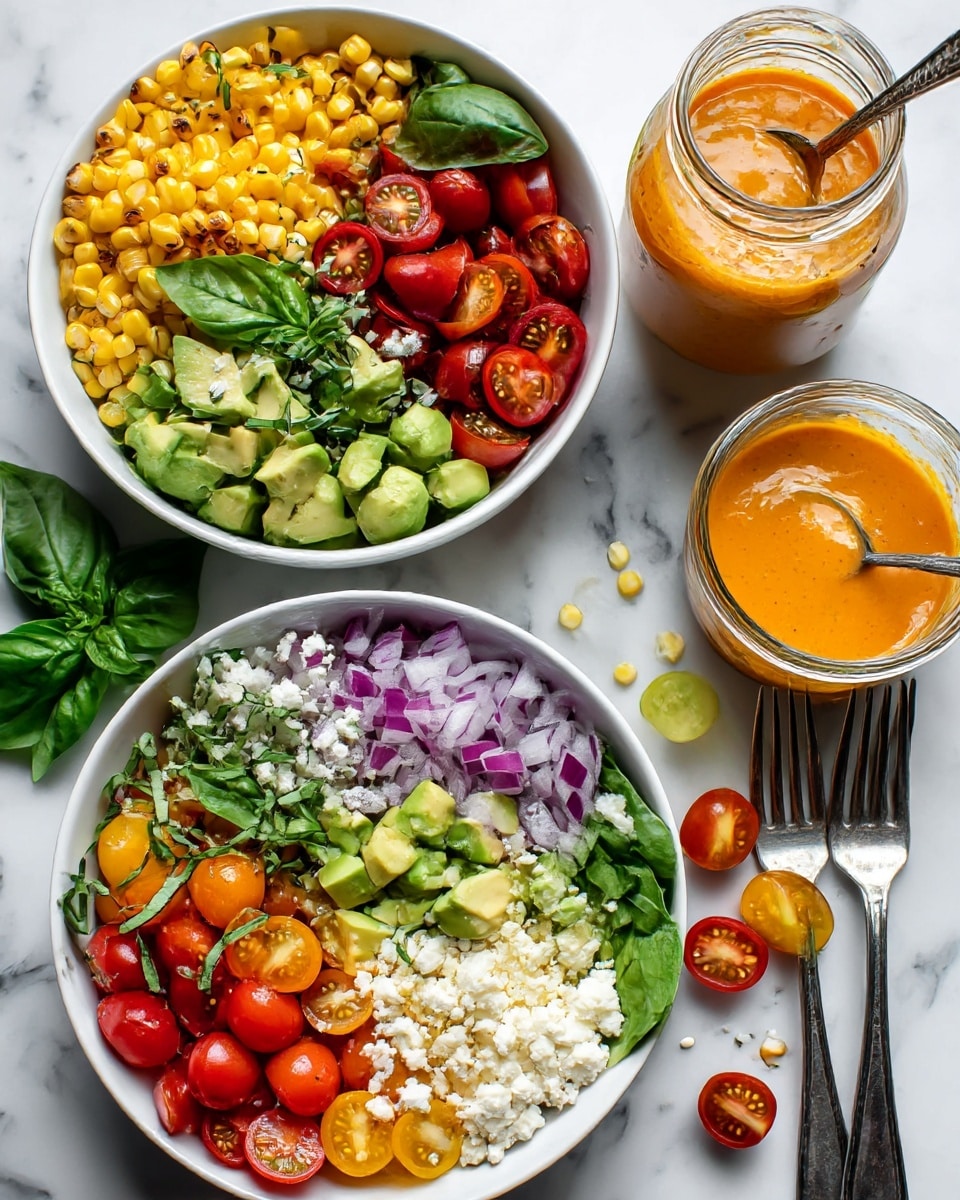 The image shows three white bowls filled with a colorful corn salad. Each bowl has layers of bright yellow grilled corn kernels, halved red and yellow cherry tomatoes, diced green avocado, small pieces of red onion, scattered white cheese crumbles, and fresh green basil strips. The bowls rest on a white marbled surface. To the right, there is a clear jar with an orange-colored dressing and a spoon inside, along with some loose cherry tomato halves, corn kernels, a green basil leaf, a half avocado with diced flesh, and two metal forks placed side by side. photo taken with an iphone --ar 4:5 --v 7
