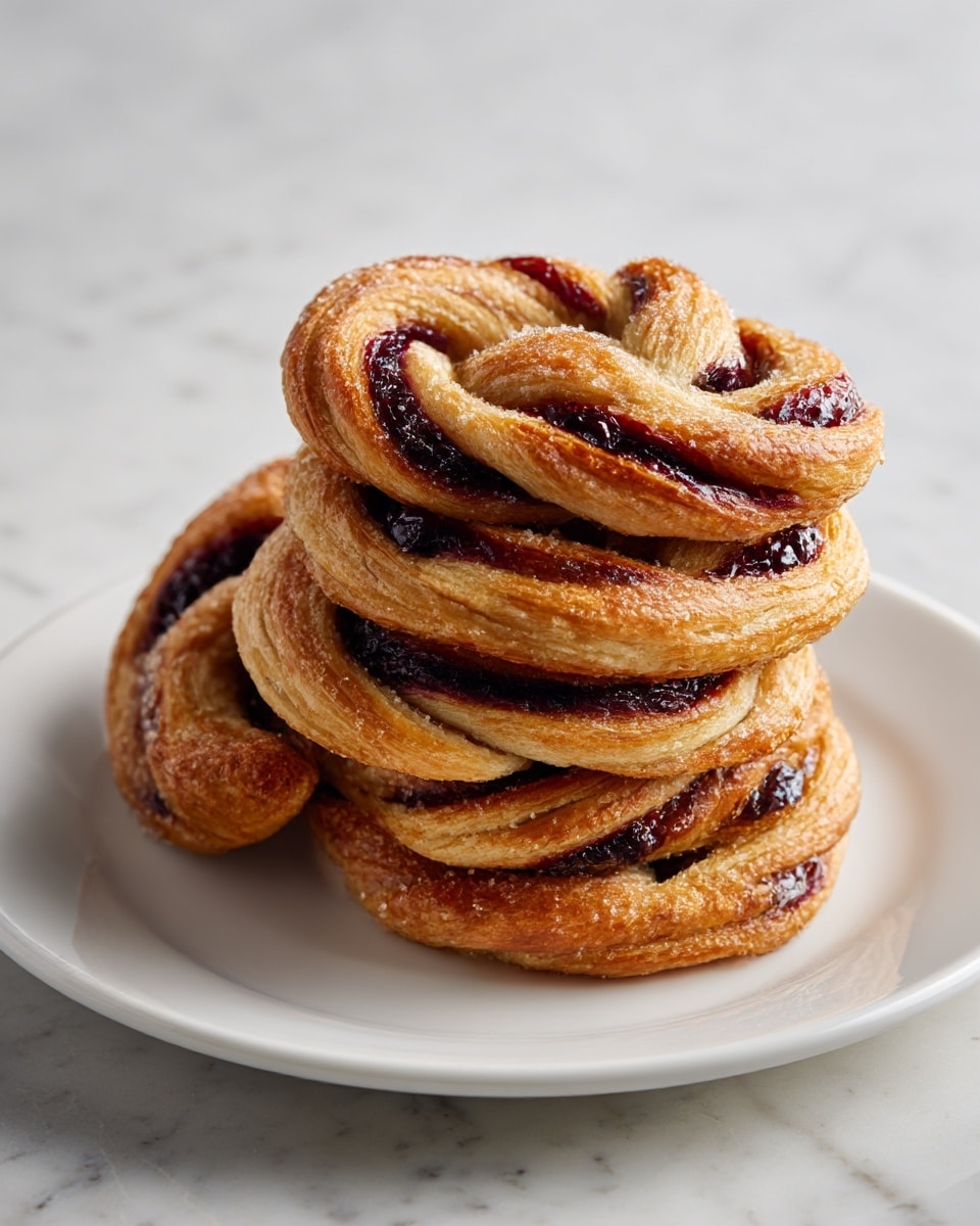 A white round plate holds a stack of five twisted pastries with a braided look, each showing layers of golden brown dough with dark purple fruit filling streaks swirling through. The pastries have a shiny, slightly crispy surface with visible sugar crystals sparkling. The plate is placed on a white marbled textured surface. photo taken with an iphone --ar 4:5 --v 7