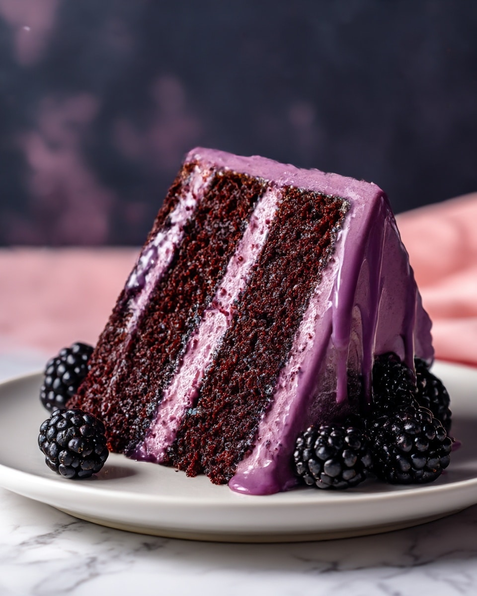 The image shows a close-up of a two-layer chocolate cake with deep purple frosting. Each cake layer is dark and moist, with a smooth layer of purple cream frosting between them. The outside of the cake is covered with the same purple frosting, which has a glossy texture. On top, there are fresh blackberries and a few shiny red berries for decoration. The cake sits on a white plate on a white marbled surface. The background is softly blurred with purple shades. photo taken with an iphone --ar 4:5 --v 7
