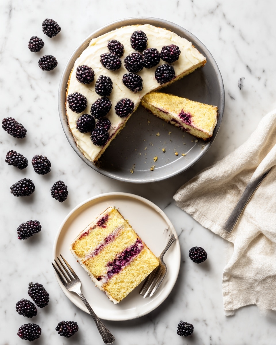 A slice of blackberry cake is shown on a white plate, sitting on a white marbled surface. The cake has three visible layers: a thin golden-brown crust at the bottom, a thick creamy off-white middle layer, and a top layer covered with deep purple blackberries, some with a light crust or baked sugar texture. The blackberries appear fresh and slightly shiny, with bits of red juice seeping into the cake layers below. In the background, there is a silver fork out of focus. Photo taken with an iphone --ar 4:5 --v 7