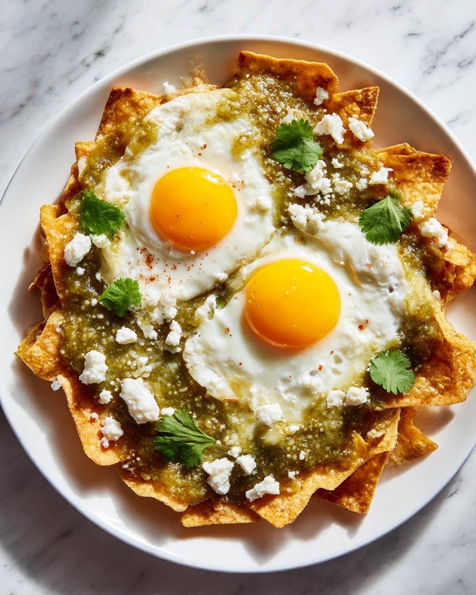 A dark plate holds a stack of golden tortilla chips. On top, there are thick green sauce splotches spread unevenly over the chips. White cream lines drape across the chips in small stripes. Crumbled white cheese pieces sprinkle over the green sauce and chips, adding texture. Bright green cilantro leaves dot the dish, giving fresh color contrast. The plate sits on a white marbled surface. photo taken with an iphone --ar 4:5 --v 7
