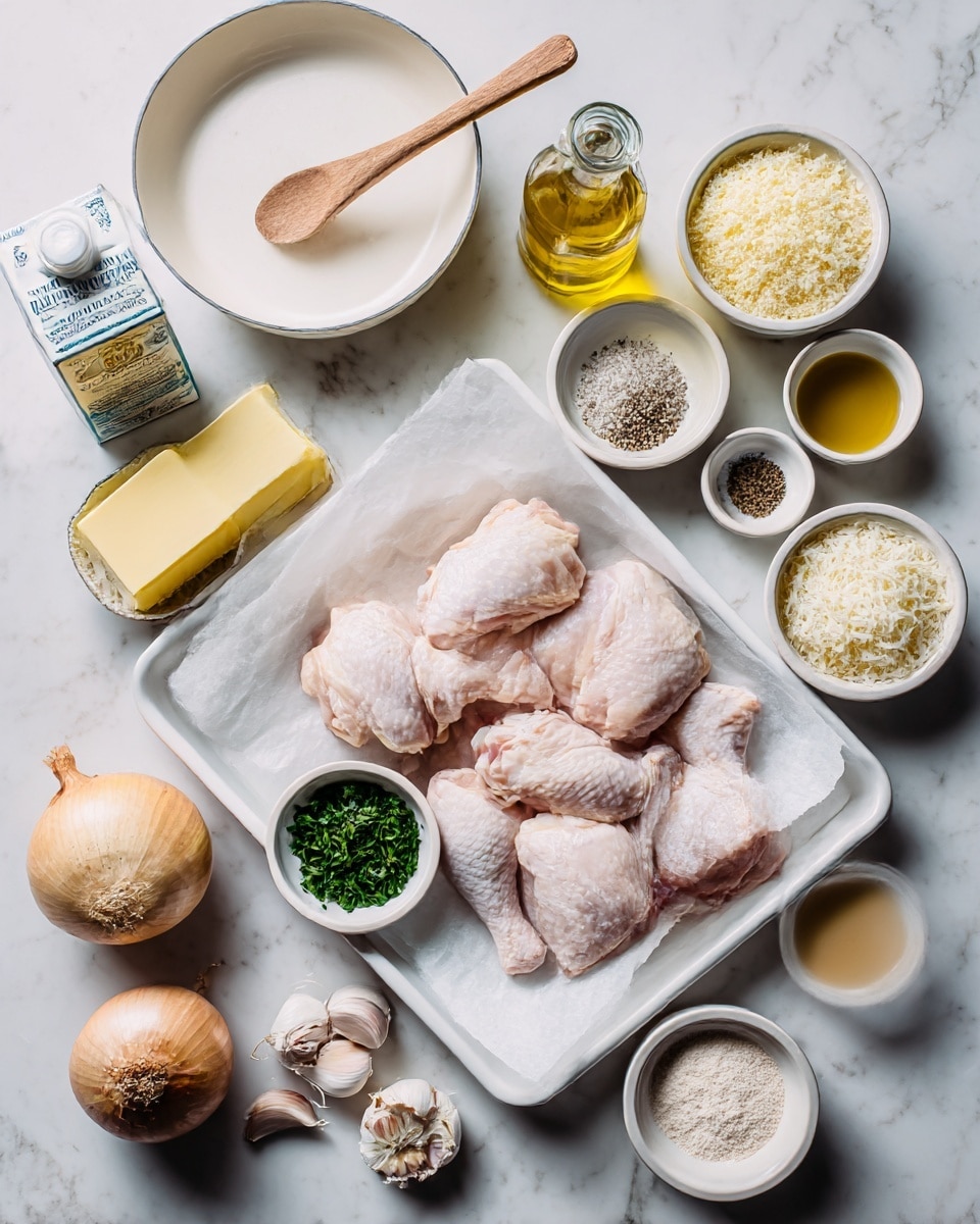 The image shows raw chicken pieces placed on white paper inside a white tray on the right side of the frame. Around the tray, there are several small white bowls containing grated cheese, flour, chopped green herbs, and black pepper. A whole onion sits on the bottom left corner, with garlic cloves scattered nearby. There is also a carton of heavy whipping cream, a stick of butter, a bottle of olive oil, a small bowl of light brown liquid, and a jar of garlic powder. A white marbled surface is used as the background. A wooden spoon rests inside a white frying pan located in the top left corner. The overall layout is neat and organized. Photo taken with an iphone --ar 4:5 --v 7