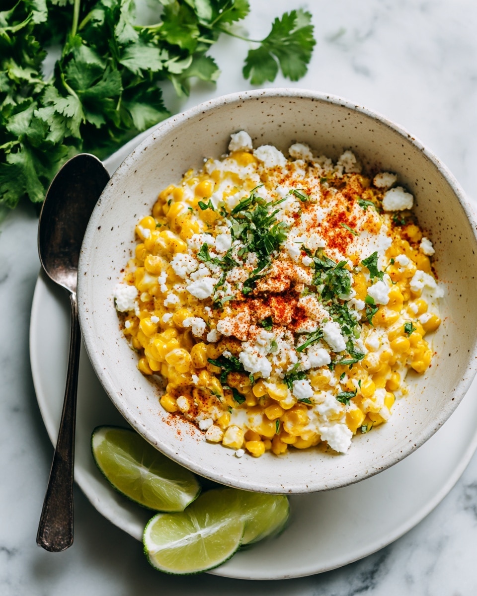 A white speckled bowl filled with a layered corn dish sits on a white plate. The first layer is bright yellow corn kernels mixed with a creamy sauce, topped with white crumbled cheese evenly spread over the corn. There is a sprinkling of green herbs and a dusting of red spice on top, adding contrast in color. Beside the bowl on the plate, there are three lime wedges, light green with a juicy texture. The background features a white marbled surface with fresh green cilantro and lime halves slightly out of focus. A dark metal spoon leans against the bowl. Photo taken with an iphone --ar 4:5 --v 7