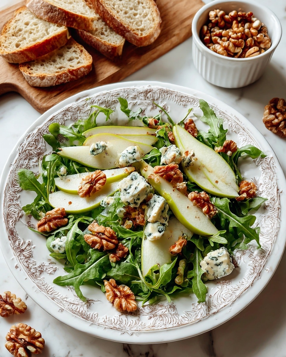 A white bowl filled with a fresh salad placed on a white marbled surface. The salad has a base layer of bright green leafy arugula spread evenly. On top, there are thin, curved slices of light yellow-green apple arranged in small groups across the bowl. Scattered around the apples are small dark red dried cranberries. Thin, pale yellow almond slices are sprinkled evenly across the salad, along with small, irregular shards of light yellow cheese. The edges of the bowl show a few wooden utensils on the white marbled surface beside it. photo taken with an iphone --ar 4:5 --v 7
