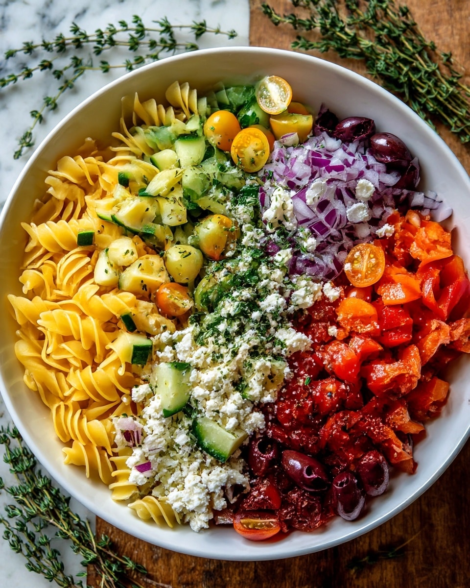 The dish is a colorful pasta salad served in a white bowl, placed on a white marbled surface. The base layer consists of large, ruffled yellow pasta pieces scattered throughout. Mixed in are various chopped vegetables including bright red and orange cherry tomato halves, dark and green sliced olives, small chunks of green cucumber, red onion pieces, and red bell pepper bits. Small white crumbles of cheese are sprinkled evenly across the salad, adding texture and contrast. The ingredients are lightly coated in dressing, giving a slight sheen to the colorful layers, creating a fresh and vibrant look. photo taken with an iphone --ar 4:5 --v 7