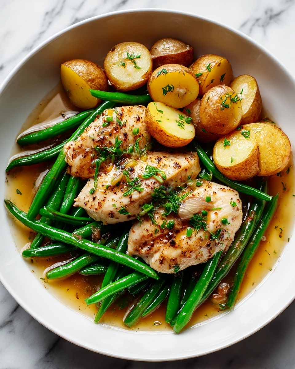 A white bowl holds three main layers of food: at the bottom, dark green, long green beans lay side by side, slightly shiny; above this, three thick, pale chicken fillets are sprinkled with black pepper and minced garlic, showing a slightly moist texture; on top, light brown halved baby potatoes with a soft look are scattered, covered with small bits of garlic and black pepper seasoning, all arranged neatly in a circle around the chicken and beans. The food sits in a shallow, light broth inside the bowl, set on a white marbled surface. Photo taken with an iphone --ar 4:5 --v 7