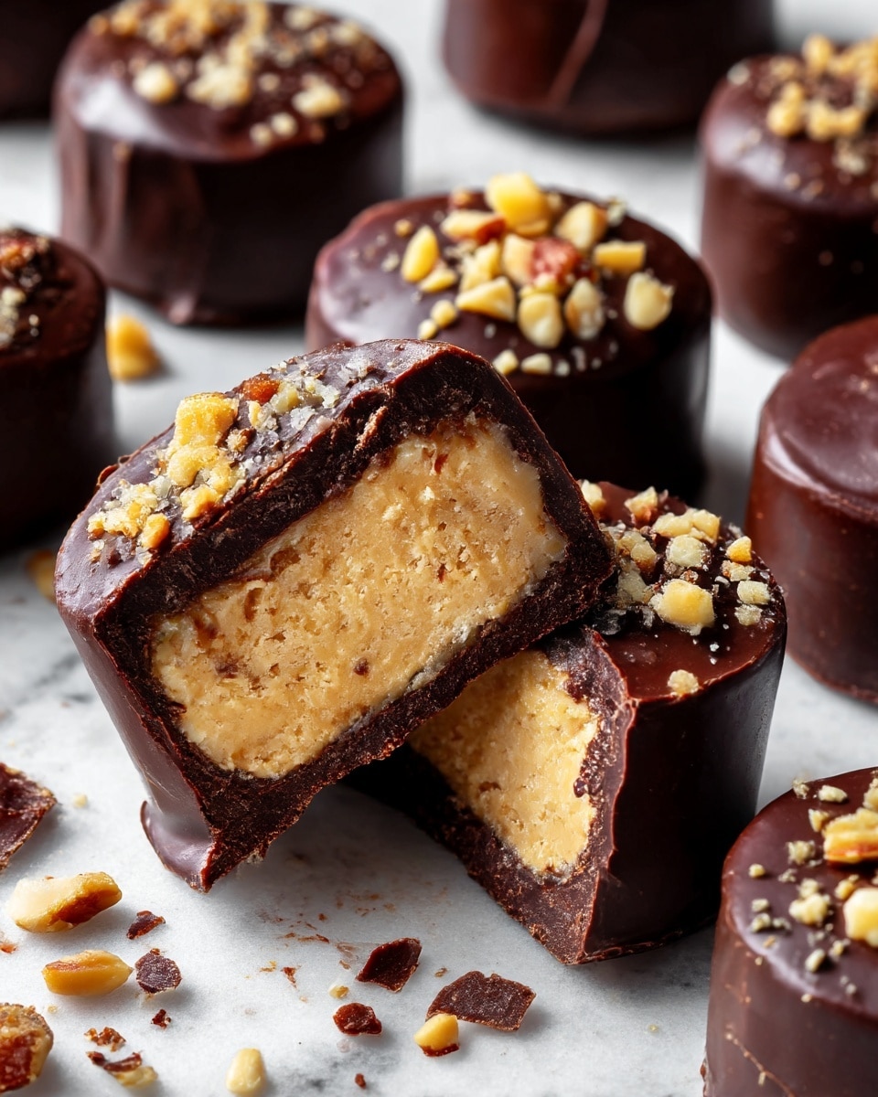 The image shows a close-up of a round chocolate candy with a thick dark chocolate outer layer that is smooth and slightly glossy. The candy is cut in half to reveal a dense, creamy, light brown peanut butter filling inside. Around this candy, there are whole chocolate candies with a similar shiny dark coating, one of which has small chopped nuts sprinkled on top. The candies sit on a subtle white marbled surface with some crumbs scattered nearby. The overall focus is on the detailed texture of the chocolate shell and the creamy inside, making the candy look rich and smooth. photo taken with an iphone --ar 4:5 --v 7