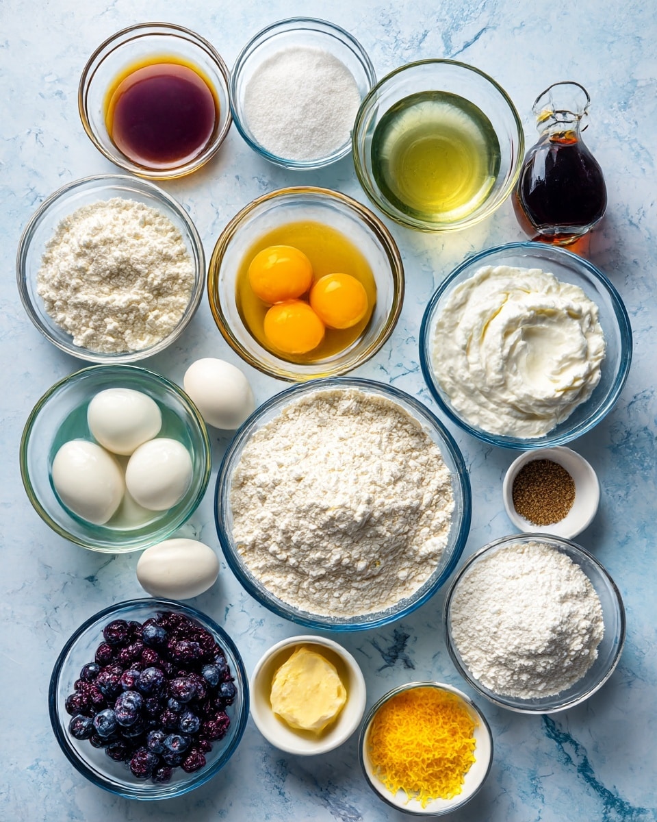 The image shows a top view of several clear glass bowls and small white containers arranged neatly on a white marbled surface painted light blue. In the center is a large bowl filled with white all-purpose flour, surrounded clockwise by bowls containing buttermilk with a milky white color, vegetable oil with a light green tint, granulated sugar in white, vanilla extract in a brown shade, salt in white, plain yogurt in white with a smooth texture, two large eggs with visible yellow yolks and clear whites, deeply colored blueberries, a small bowl of white baking soda, another bowl with melted yellow butter, a small container with bright yellow lemon zest, and a bowl of white baking powder. Each bowl is arranged in a circular pattern with clear labels on them. Photo taken with an iphone --ar 4:5 --v 7