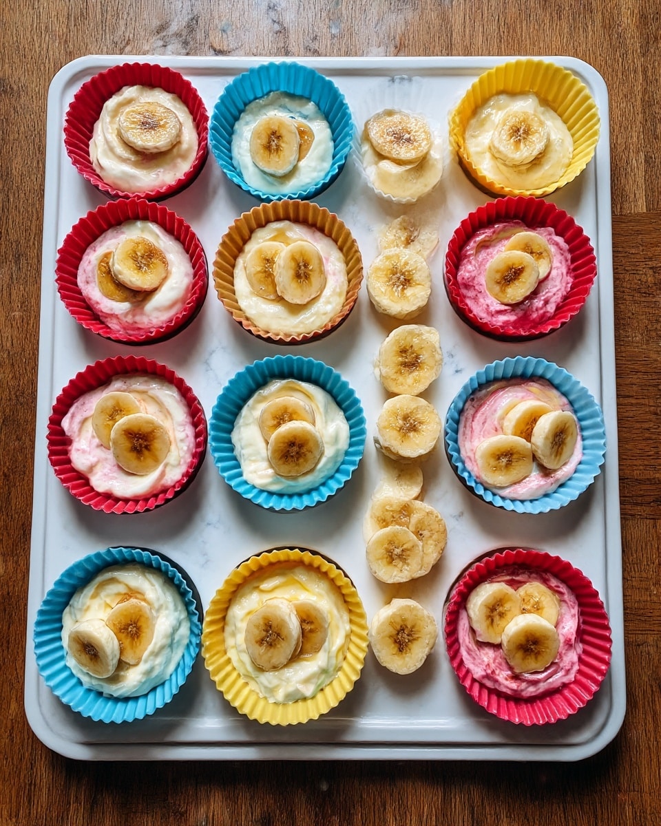 The image shows a baking tray holding 14 white silicone cupcake liners in bright colors: red, blue, yellow, and pink. Each liner contains a creamy dessert base, some pink and some white, with different banana toppings. Some liners have a single banana slice in the center, which is light brown with darker edges. Others are topped with several small banana pieces that are pale yellow and slightly browned. The tray is placed on a wooden table, and the background is a white marbled texture. photo taken with an iphone --ar 4:5 --v 7