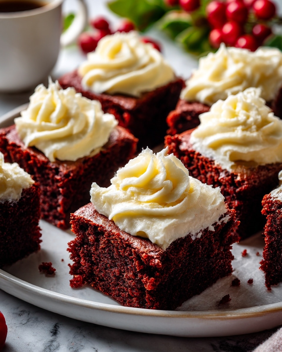Six square pieces of red velvet cake are placed on a round white cake stand with two layers: the top layer is a white plate with a textured edge, and the bottom layer is a silver stand with white bead-like details surrounding it. Each cake piece has a thick layer of white frosting on top with smooth, slightly wavy swirls. The background includes green pine branches with red berries and a white marbled surface underneath the cake stand covered partially by a red, green, and white plaid cloth. A small Santa figurine is visible to the left side. photo taken with an iphone --ar 4:5 --v 7