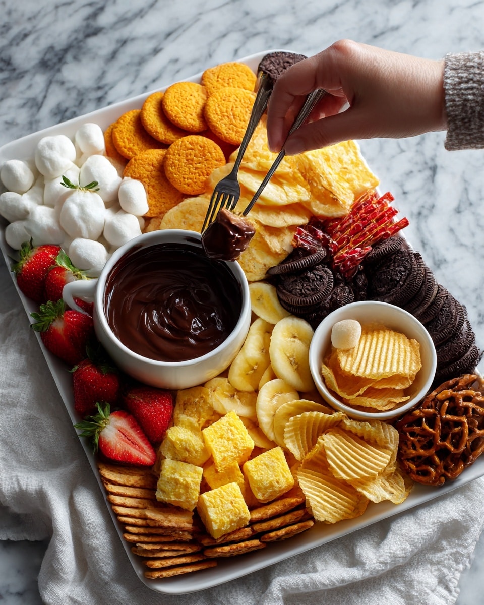 A large white rectangular tray is filled with a variety of snacks arranged in sections around a central small white bowl of melted chocolate. The top layer holds round orange cookies and stacked dark chocolate sandwich cookies on the right side. Below them, to the right, there are red twisted licorice pieces and small pretzel squares. Moving clockwise, a smaller white bowl sits near the bottom right, filled with ridged potato chips. Just above it, slices of yellow banana are layered tightly. Cubes of yellow cake fill the central bottom part of the tray, surrounded by thin, oblong biscotti pieces at the very bottom edge and round waffle cookies on the lower left. Several bright red strawberries with green leaves are in the middle left section next to white marshmallows on the far left. Three woman’s hands hold forks, dipping a cube of cake, a marshmallow, and a strawberry into the melted chocolate. The tray is placed on a white marbled surface with a white cloth nearby. Photo taken with an iphone --ar 4:5 --v 7