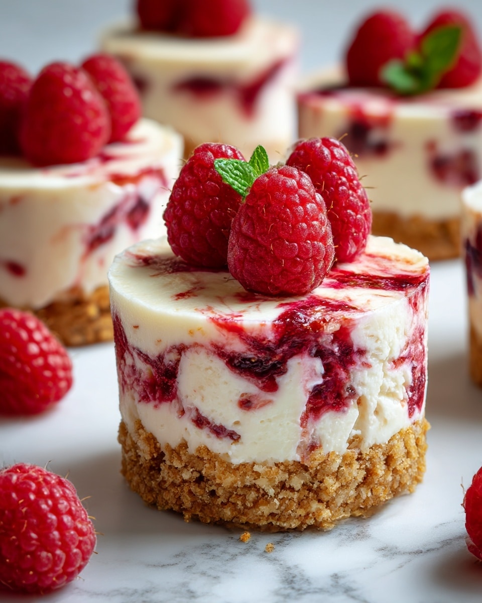 A small round dessert with three layers sits on a white marbled surface. The bottom layer is a crumbly light brown crust. The middle layer is creamy white with bits of bright red fruit mixed inside. The top layer is smooth white cream, decorated with a swirl of light red sauce and three bright red raspberries standing close together. A small green mint leaf is placed in the middle of the raspberries. Other similar desserts are slightly out of focus in the background. photo taken with an iphone --ar 4:5 --v 7