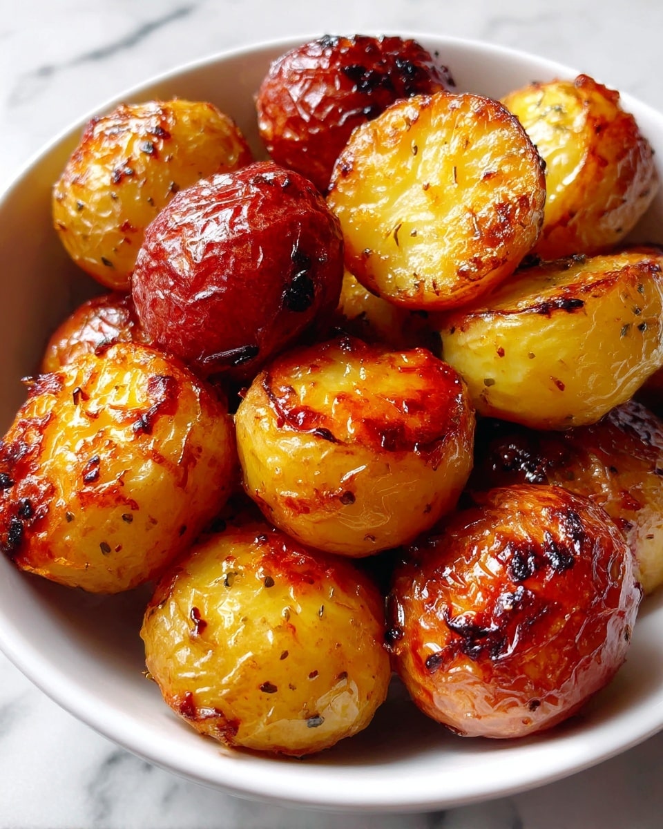 The image shows a close-up of nine grilled baby potatoes on a black grill. Each potato has a wrinkled, golden-brown skin with charred black grill marks and small green rosemary leaves sprinkled on top. The potatoes' surfaces look shiny and slightly oily, showing they have been well-cooked. The background is a white marbled texture. photo taken with an iphone --ar 4:5 --v 7