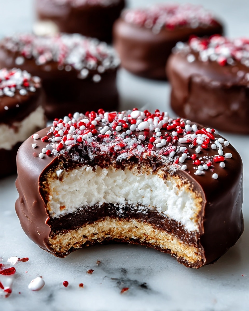 The image shows a close-up of a round chocolate-covered treat with a bite taken out of it, revealing three layers inside: a thin dark brown chocolate outer shell, a thick fluffy white marshmallow center, and a thin darker chocolate base. The top of the treat is decorated with small, round sprinkles in red and white, spread mostly on one area. More identical treats blurred in the background sit on a smooth white marbled surface. photo taken with an iphone --ar 4:5 --v 7