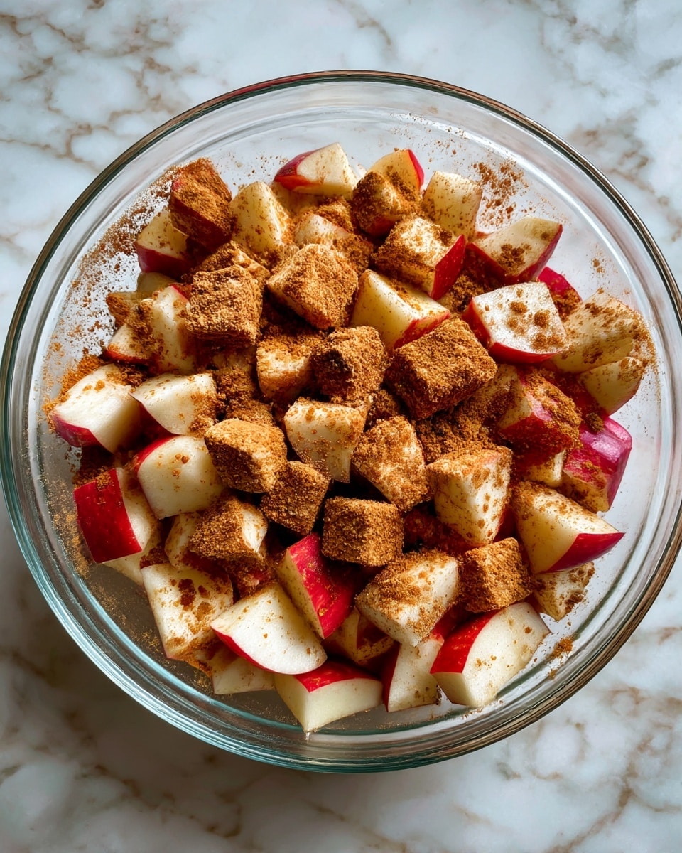 A clear glass bowl filled with small cubes of apple mixed with a brown powdery spice, all pieces evenly coated. The apple cubes show red skin on some sides and pale yellow flesh, creating a warm contrast with the brown spice dusting. The bowl sits on a white marbled textured surface. photo taken with an iphone --ar 4:5 --v 7