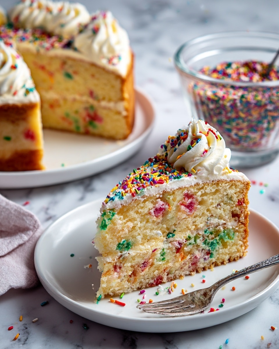 This image shows a close-up of a slice of round cake with one visible layer. The cake is light yellow with color spots of confetti mixed inside the batter. On top, there is a small white swirled frosting decoration with colorful sprinkles on it. The cake slice is on a white plate, placed on a white marbled surface. In the background, a clear glass bowl filled with colorful sprinkles is partially visible. Photo taken with an iphone --ar 4:5 --v 7