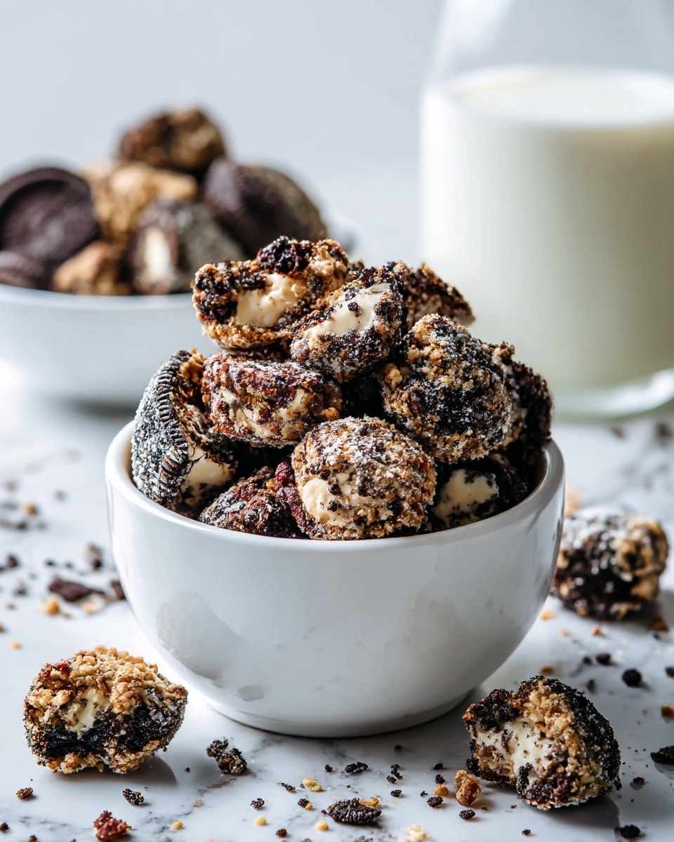 A white cup filled with a mix of dark brown and black cookies and cream snack pieces that have a rough texture with some bits showing creamy white filling inside and powdery coating on the surface. The cup sits on a white marbled surface with some cookie crumbs around, and the background is blurred showing a white glass of milk and a white bowl full of similar cookie pieces. Photo taken with an iphone --ar 4:5 --v 7