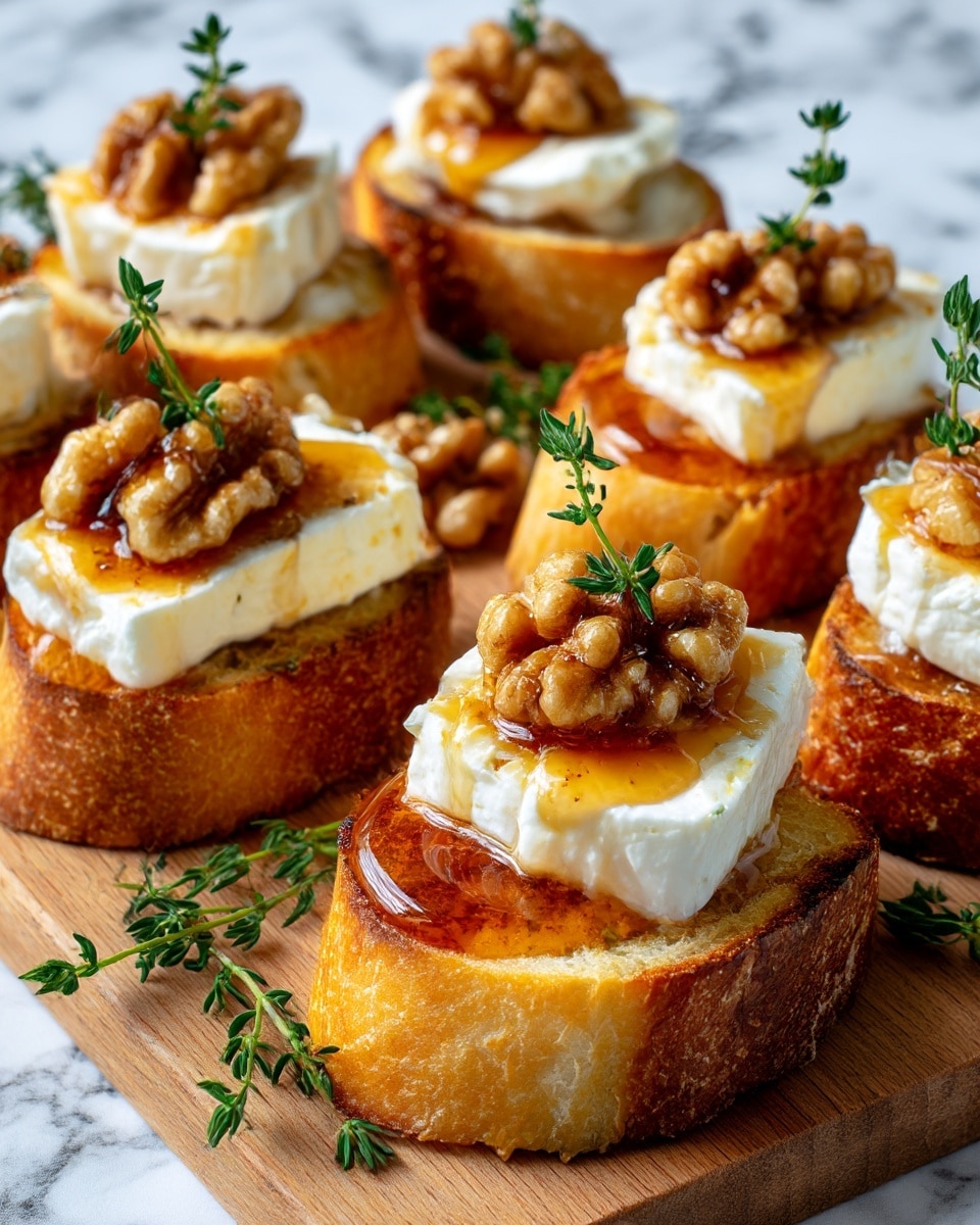 The image shows several pieces of toasted bread, each piece with three distinct layers. The bottom layer is golden brown toast with a crispy texture and slightly dark edges. On top of the toast is a thick, creamy white cheese layer that looks smooth and soft. The final layer consists of shiny, caramelized walnuts sitting on the cheese, with a small green herb sprig delicately placed on top for garnish. The toasts are arranged closely on a wooden board with sprigs of fresh green herbs scattered around. The background and surface have a white marbled texture. photo taken with an iphone --ar 4:5 --v 7
