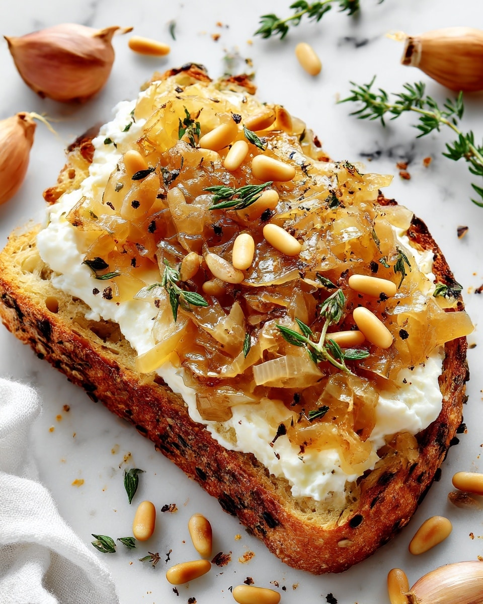 A slice of toasted multigrain bread with visible seeds and a golden brown crust serves as the base. The first layer is a thick spread of soft white cheese, followed by caramelized onions that are shiny and golden-brown, covering most of the cheese. Scattered on top are light beige pine nuts and small sprinkles of cracked black pepper. The toast is set on a white marbled surface with some crumbs and pine nuts around. A white cloth is partially visible at the bottom left corner. Photo taken with an iphone --ar 4:5 --v 7