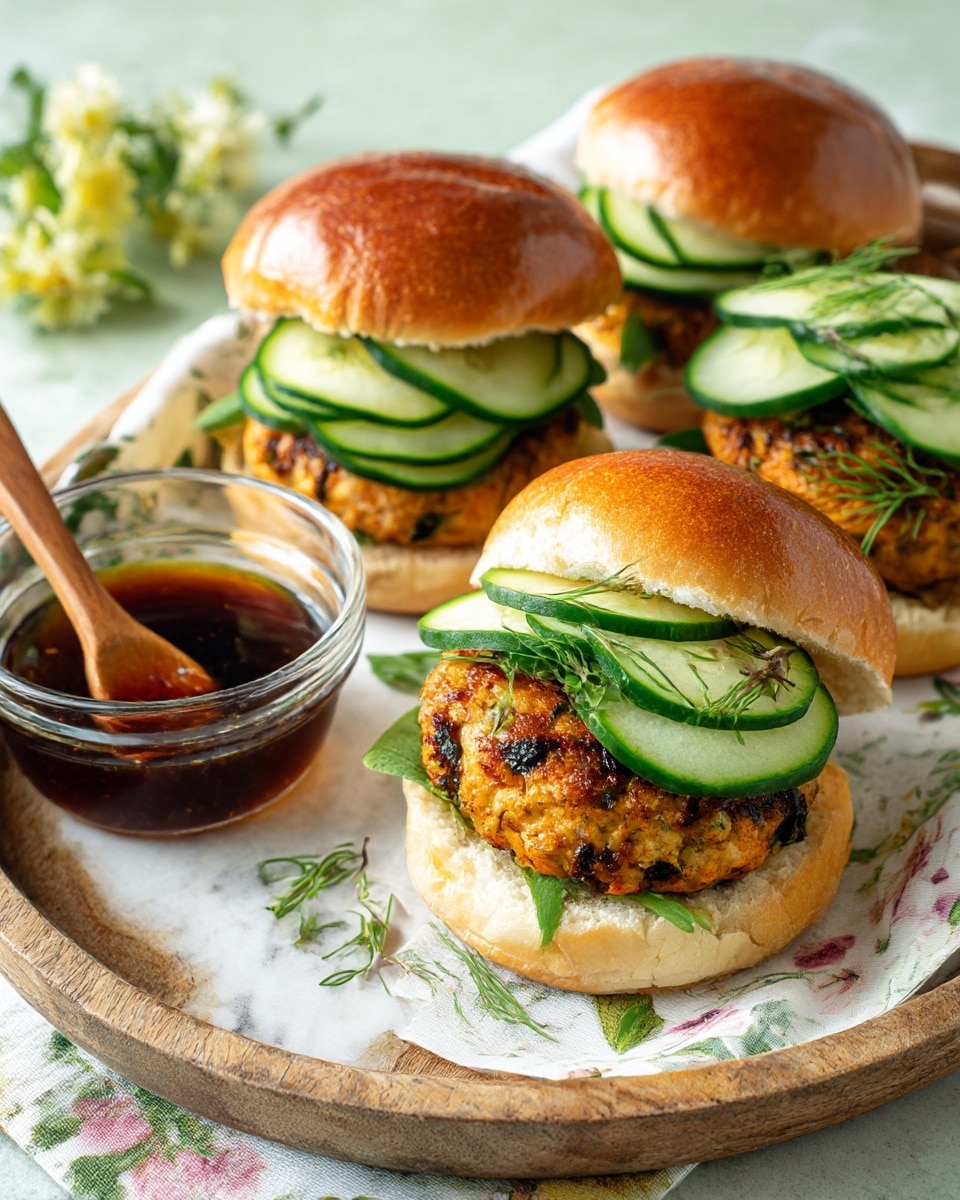 There are two sandwiches on a round wooden board placed on a white marbled surface with a floral cloth under the board. Each sandwich has three main layers: a shiny light brown top bun, a thick grilled patty with a slightly orange color mixed with herbs, and thin slices of bright green cucumber arranged in a small pile on the patty. The sandwiches are neat and close together, with a small glass jar of dark sauce visible in the background. The buns look soft and smooth, holding the layers firmly. photo taken with an iphone --ar 4:5 --v 7
