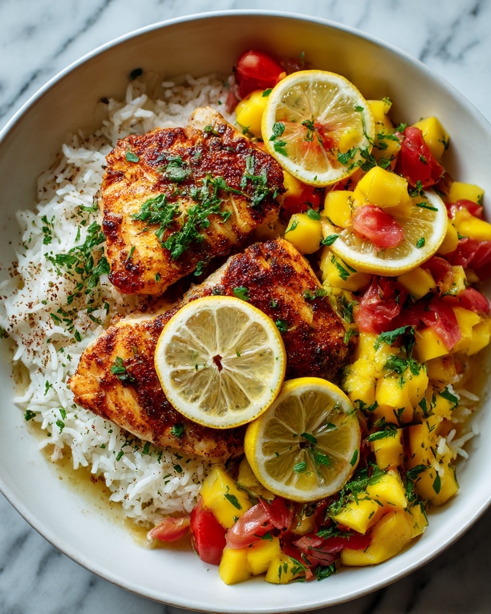 The image shows a white plate with a base layer of fluffy white rice topped with a golden brown crispy layer. On top of the rice, there are two pieces of grilled fish with a dark, charred surface. Above the fish, there is a colorful salsa made of small pieces of yellow mango, red tomatoes, and green herbs. A bright green slice of lime rests on the side of the plate, and fresh cilantro leaves are placed on top as garnish. The background is a white marbled surface. Photo taken with an iphone --ar 4:5 --v 7