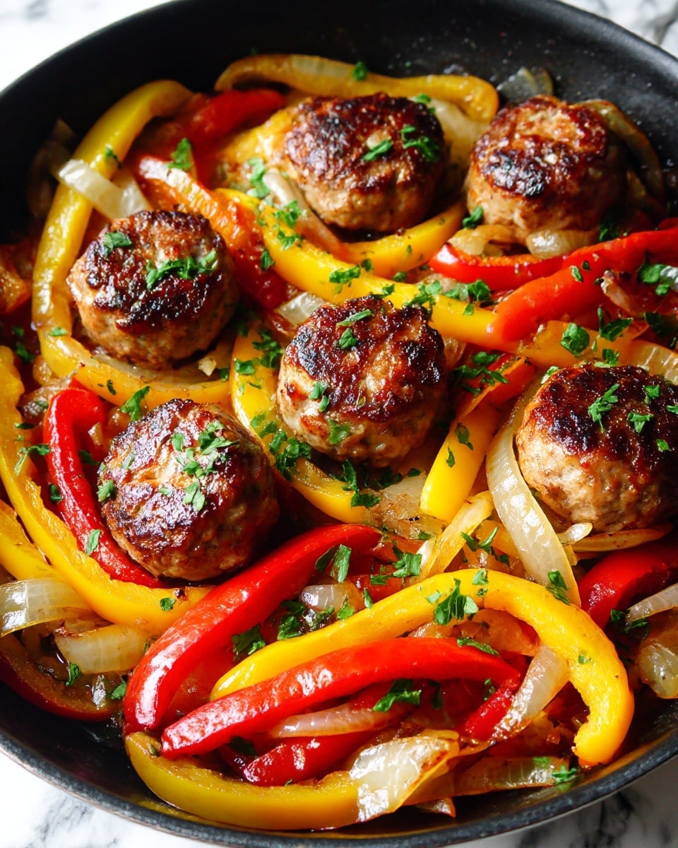 This close-up image shows a cooked dish with six browned sausage pieces on top of a layer of cooked bell pepper strips and onions. The bell peppers are in bright yellow, red, and orange colors, while the onions are soft and slightly translucent with a light golden tone. Small chopped green herbs are scattered throughout the vegetables for color contrast. The sausages are round and show grill marks with a browned and slightly crispy texture. The food is inside a black cooking pan, sitting on a white marbled surface. photo taken with an iphone --ar 4:5 --v 7