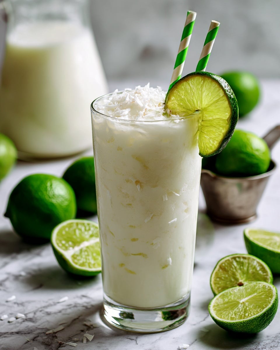 A tall clear glass filled with a white creamy drink topped with small white flakes, with a green and white striped paper straw inserted in the center. On the rim of the glass is a fresh green lime slice showing its juicy texture. The glass is set on a white marbled surface with a metal measuring cup behind it and a few whole and halved green limes scattered around. There is a blurred jug filled with the same white drink in the background. photo taken with an iphone --ar 4:5 --v 7