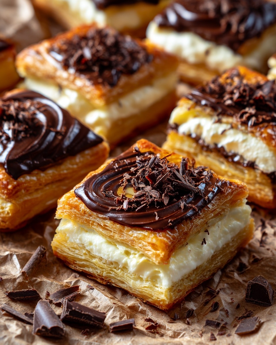 A square puff pastry with a golden and flaky crust sits on a light brown parchment paper over a white marbled surface. The pastry has a thick border with a slightly puffy texture and a center filled with a smooth layer of white cream. Half of the cream area is topped with a shiny dark chocolate glaze, which looks rich and glossy. On top of the chocolate glaze, there is a small pile of tightly curled dark chocolate shavings arranged in a neat line on the right side. Some chocolate shavings are also scattered loosely on the parchment paper around the pastry. photo taken with an iphone --ar 4:5 --v 7