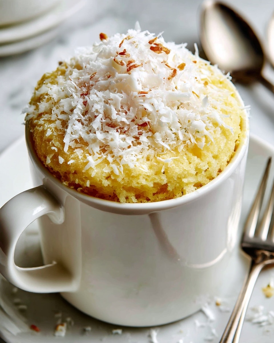 A white cup filled with a single layer of light yellow cake at the bottom, topped by a thick creamy white frosting spread evenly in a swirl. On top of the frosting, there is a generous layer of shredded white coconut with a few toasted brown bits scattered throughout. In the background, two white bowls are visible, one filled with more shredded coconut and the other blurred, creating depth. The cup is sitting on a light wooden board with a silver fork and knife beside it, all placed on a white marbled surface. photo taken with an iphone --ar 4:5 --v 7