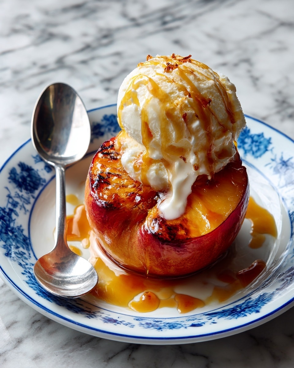 The image shows a dessert with two main layers on a white plate with blue patterns, placed on a white marbled surface. The bottom layer is a roasted half peach with a golden-brown texture, slightly caramelized on the surface. On top of the peach is a single scoop of melting white ice cream, dripping slightly down the sides. There is a light drizzle of caramel sauce around the peach and on the plate. To the left of the peach is a shiny metal spoon. Photo taken with an iphone --ar 4:5 --v 7