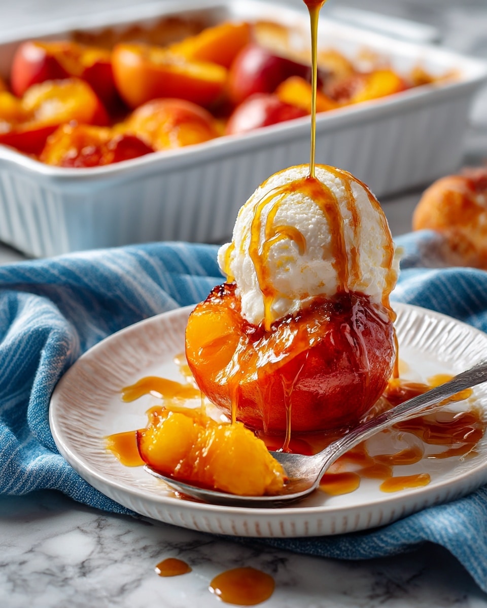 The image shows a dessert with one layer of a half peach roasted to a warm orange and reddish-brown caramelized color, topped with a smooth scoop of white vanilla ice cream that is starting to melt slightly and drip down the fruit. A drizzle of amber caramel sauce flows over the ice cream and peach. The peach sits on a white shallow plate with a subtle textured edge, surrounded by a folded blue and white striped cloth. A silver spoon rests on the plate with a small scoop of the peach next to it. In the background, a white baking dish filled with more roasted peach halves sits on a white marbled surface. photo taken with an iphone --ar 4:5 --v 7