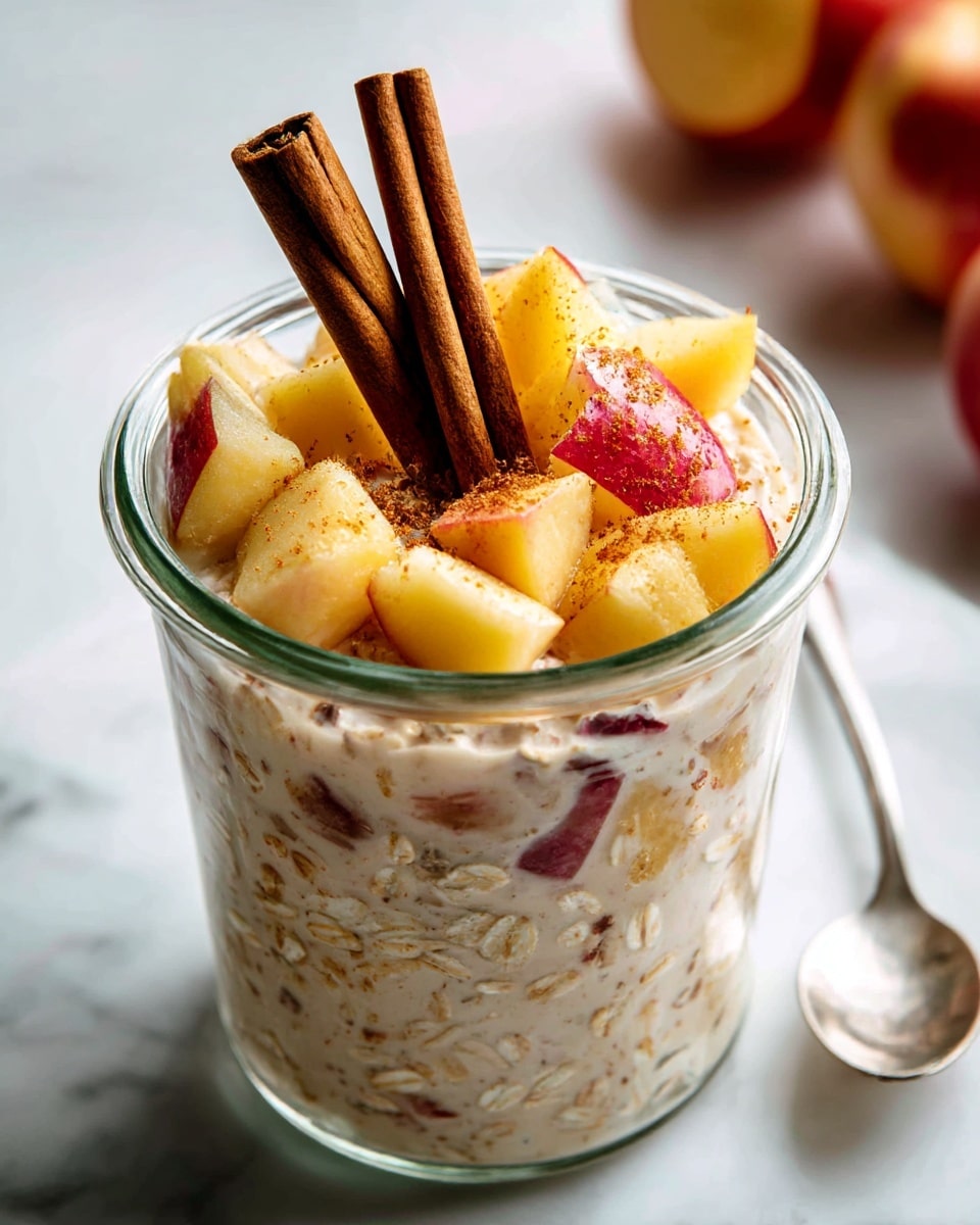 A clear glass jar is filled with a creamy beige mixture that has small oat-like pieces throughout. On top of this mixture, there are several chunks of yellow and red-skinned apple arranged in the center. Two long cinnamon sticks stand upright, slightly angled, sticking out from the middle of the jar. The jar sits on a white marbled surface, with a blurred background featuring soft light and indistinct shapes that hint at more apples and a spoon nearby. photo taken with an iphone --ar 4:5 --v 7