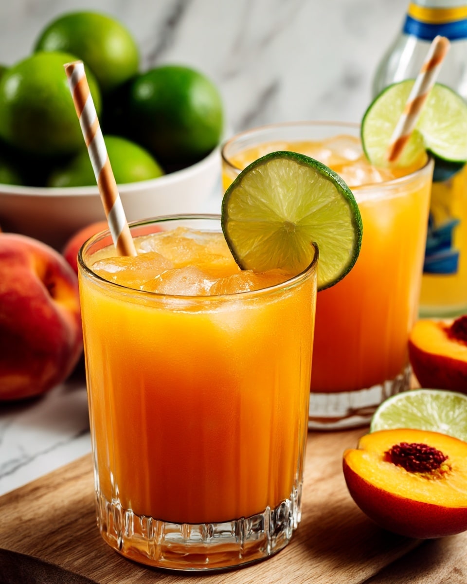 The image shows a clear, rounded glass filled with a thick, orange-pink smoothie that has a slightly textured, frothy surface. On the rim, there is a bright red strawberry with green leaves and a curved peach slice with a soft orange and red hue, positioned side by side. In the foreground, a white marbled surface holds another similar peach slice, adding depth to the image. In the back, a blurred glass of the same smoothie is visible. The whole scene rests on a white marbled table. photo taken with an iphone --ar 4:5 --v 7