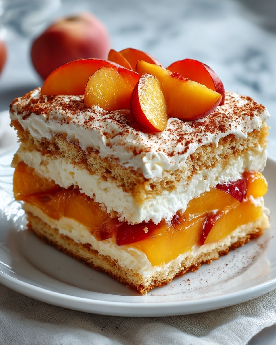 A slice of layered dessert sits on a white plate, placed on a white marbled surface with a soft cloth underneath. The dessert has three main layers: the bottom layer is made of soaked ladyfingers showing a light brown color and spongy texture. Above that is a thick, bright orange layer of sliced peaches with a slightly glossy look. On top of the peaches is a creamy thick layer in off-white color that looks smooth and soft. This three-layer pattern repeats once more, ending with a thick creamy layer on top, sprinkled with fine cinnamon powder, and decorated with several peach slices arranged neatly. Photo taken with an iphone --ar 4:5 --v 7