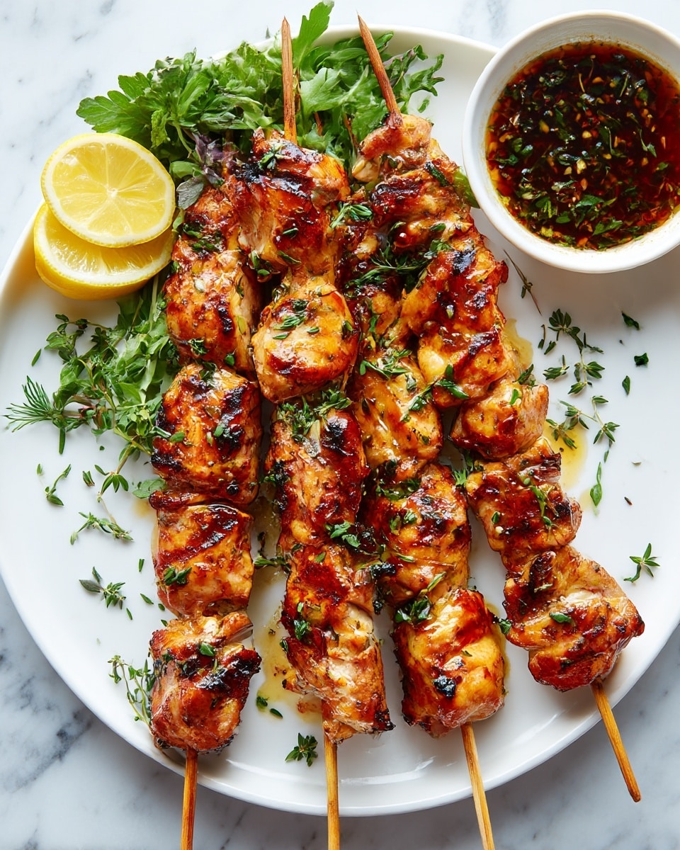The image shows four skewers of grilled chicken pieces with a golden brown and slightly charred texture, arranged in a row on a white plate. The chicken chunks are plump and have a mix of light brown and darker grill marks on them. The plate is garnished with small green herb leaves scattered around the chicken. On the top left of the plate are two lemon wedges and some fresh greens, adding bright yellow and green colors to the scene. In the background, at the top right, there is a small white bowl with a dark sauce that has green herbs and a glossy surface. The setting is on a white marbled surface, creating a clean and fresh look for the food. photo taken with an iphone --ar 4:5 --v 7