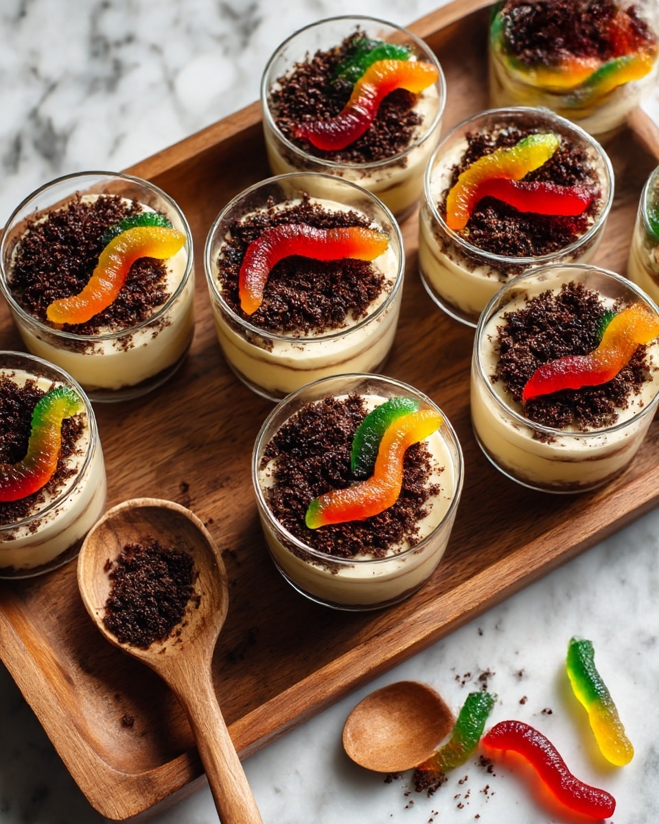 The image shows nine clear round cups arranged on a wooden tray, each layered with a bottom creamy layer, topped with a thick layer of crushed dark brown cookie crumbs that look like soil, and decorated on top with three or four colorful gummy worms in shades of red, orange, yellow, and green, positioned in different curved shapes. There is also a wooden spoon with some crumbs on the tray beside the cups, as well as a few extra gummy worms outside the cups. The background is a white marbled texture. photo taken with an iphone --ar 4:5 --v 7