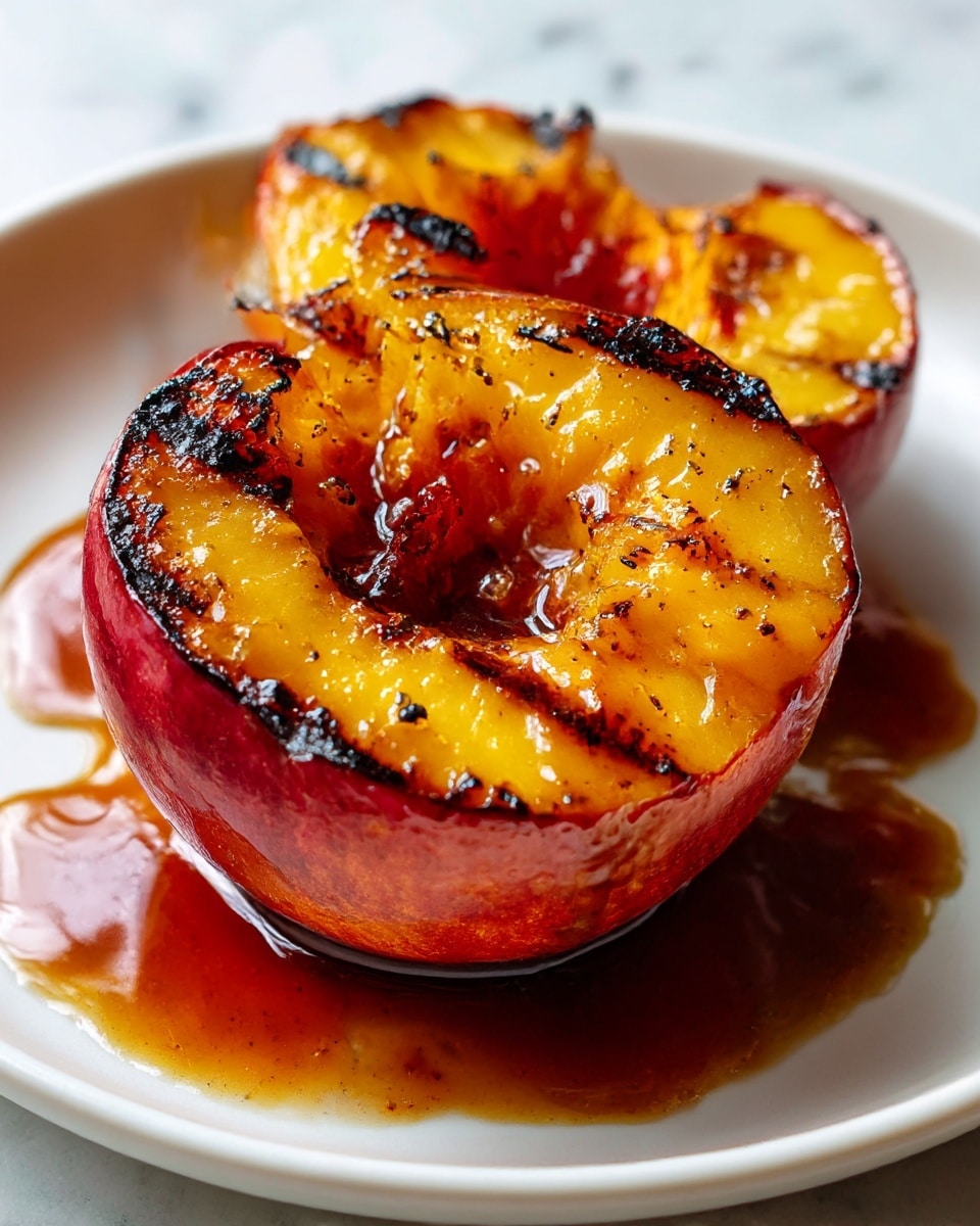 The image shows four grilled peach halves placed on a white plate with a white marbled surface beneath. Each peach has a warm yellow and orange inside with slight charring marks around the edges, showing a soft and juicy texture. The outsides of the peaches are reddish with darker grilled spots. A shiny brown sauce pools and spreads around and under the peaches, giving a glossy and rich look. The peaches are arranged unevenly but close to each other, highlighting the sauce's spread in between. Photo taken with an iphone --ar 4:5 --v 7