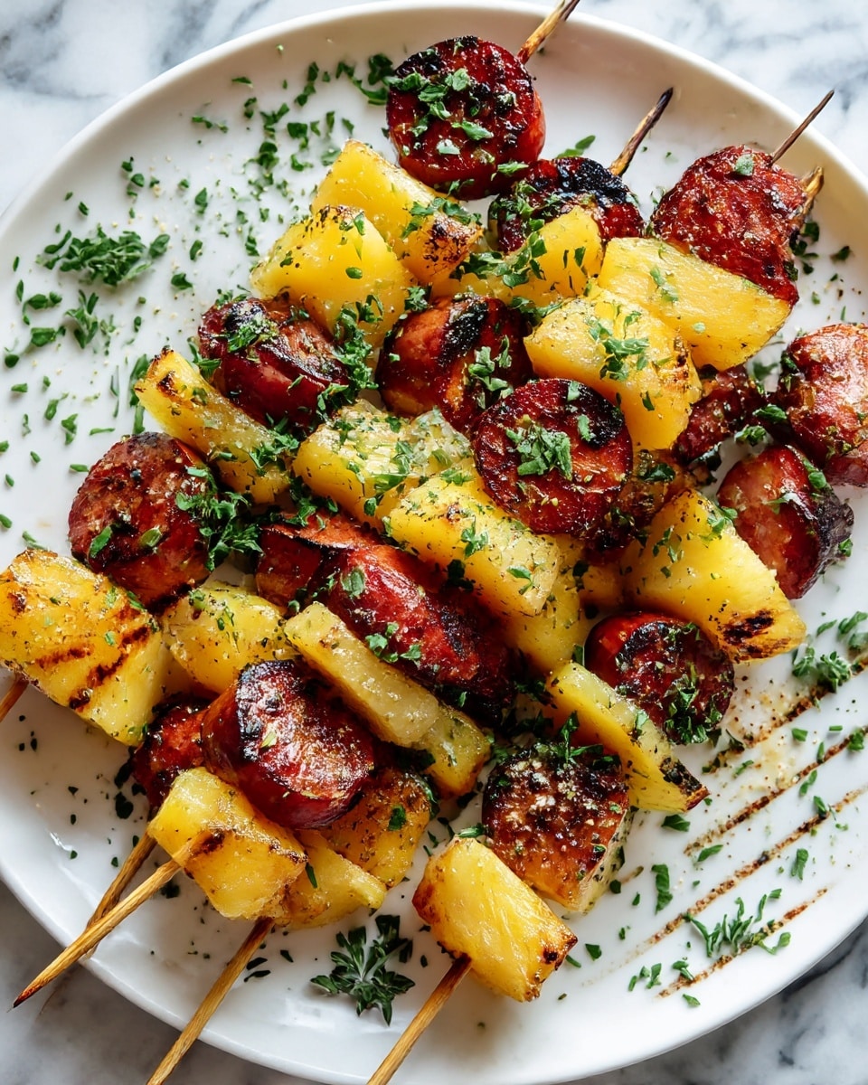 The image shows a white plate filled with five skewers arranged close together, each one made up of alternating chunks of browned sausage and golden roasted potatoes seasoned with herbs. The sausages have a slightly charred, glossy surface, giving a rich dark reddish-brown color, while the potatoes’ bright yellow sides are crispy and shiny with small green herb flakes sprinkled on top. The plate is placed on a white marbled surface, and some fresh green sprigs are scattered around the dish, adding a fresh touch. The skewers are wooden and extend beyond the plate edges. photo taken with an iphone --ar 4:5 --v 7