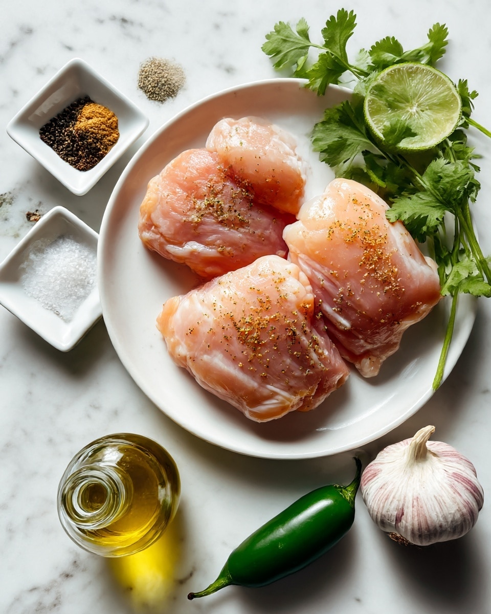 The image shows four raw chicken pieces arranged in the center of a white plate on a white marbled surface. To the left, there are three small white square dishes, each holding a different spice: black pepper, cumin, and kosher salt arranged vertically. Below the plate, there is a small glass bottle of olive oil. To the right of the plate, fresh cilantro leaves are placed slightly at the top right corner, a whole lime slightly below, a whole jalapeño positioned below the lime, and a whole bulb of garlic at the lower right corner. All items are spread out neatly on the white marbled surface. photo taken with an iphone --ar 4:5 --v 7