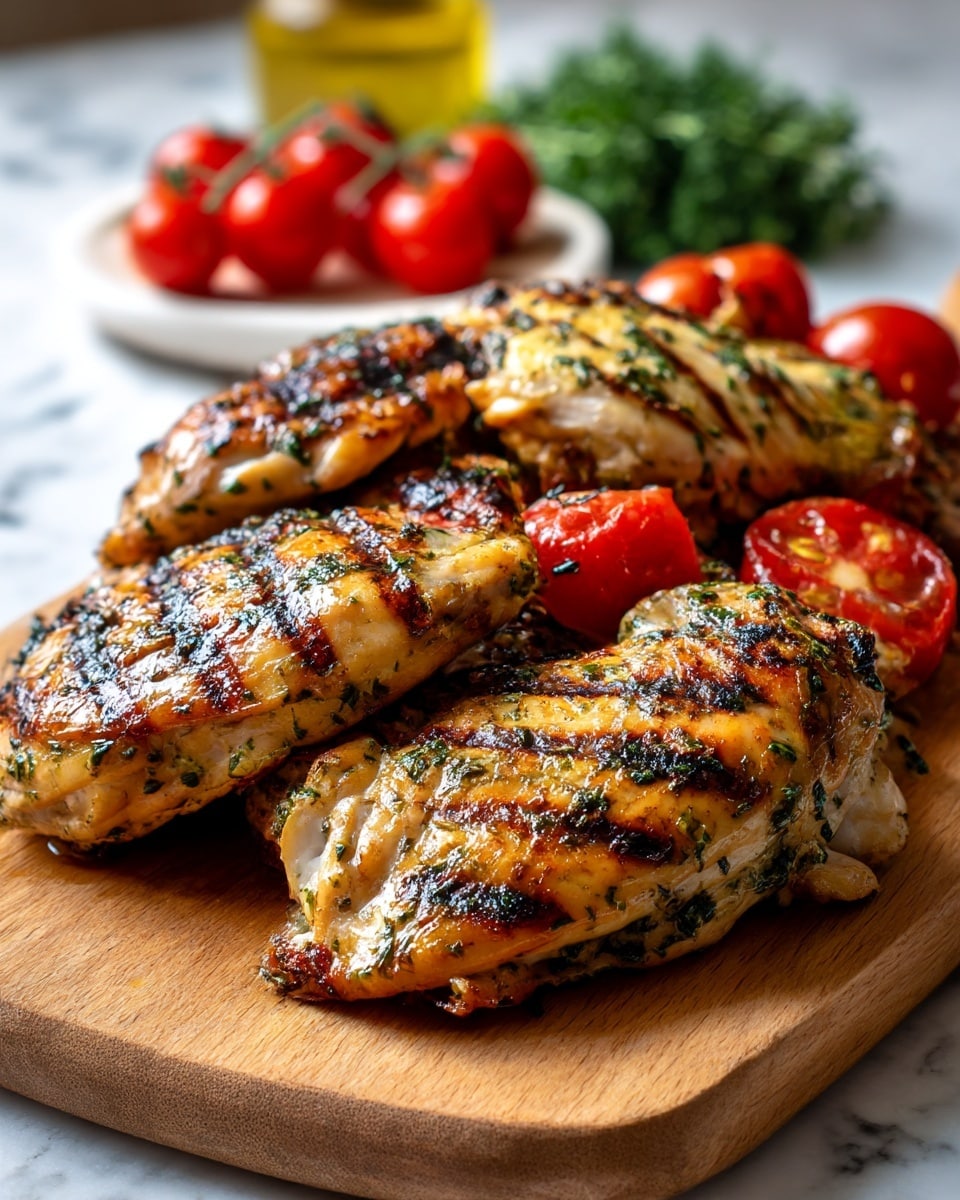 A wooden board holds five grilled chicken pieces arranged close together, showing clear dark brown grill marks across their light golden-brown and slightly greenish skin due to herbs. The chicken pieces vary in size and shape, with some pieces showing charring at the edges, adding texture contrast. In the background, there are blurred green herbs and cherry tomatoes with a white marbled texture surface beneath the board. photo taken with an iphone --ar 4:5 --v 7