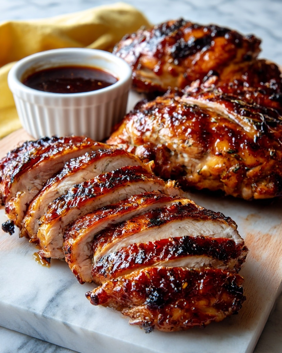 The image shows a wooden board on a white marbled surface holding four grilled pieces of chicken with a shiny, dark brown sauce glaze. The chicken has a textured surface with crispy, charred black grill marks and a rich, caramelized color. The piece at the front is partially sliced, revealing a soft, light beige inside with a juicy texture. In the background, there is a small white ramekin filled with the same dark sauce and an orange cloth partially visible behind it. A drop of sauce sits near the edge of the board. The lighting highlights the glossy glaze on the chicken skin, making it look fresh and appetizing photo taken with an iphone --ar 4:5 --v 7