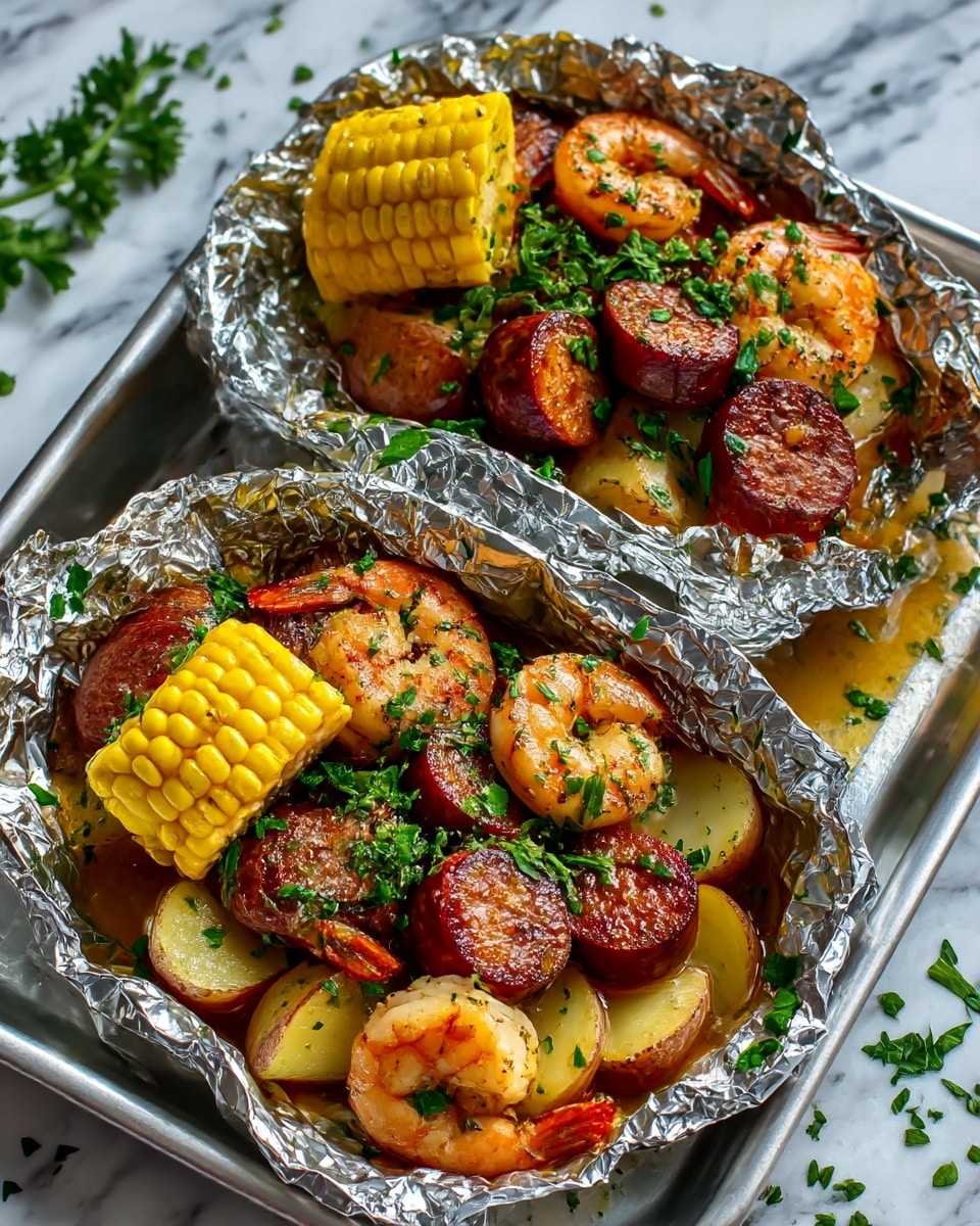 The image shows two foil packets on a silver tray, each filled with food items arranged in layers. The bottom layer has a light golden sauce with sliced round potatoes. On top of the sauce and potatoes, there are thick slices of browned sausage and pink grilled shrimp sprinkled with chopped green herbs. Each packet also contains a bright yellow corn on the cob piece placed near the side. The foil around the food is crinkled up, showing the shiny texture. The tray rests on a white marbled surface with small green herb sprinkles nearby. photo taken with an iphone --ar 4:5 --v 7