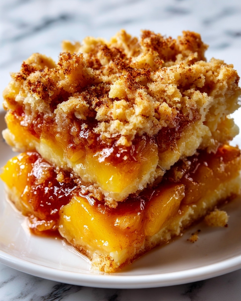 This close-up image shows a dessert with two main layers. The bottom layer is shiny, soft, and made of cooked fruit in golden-yellow and amber colors. It looks juicy and sticky. The top layer is crumbly and golden brown with a rough texture, sprinkled with cinnamon or brown sugar, adding a slightly crunchy appearance. The dessert is on a white plate with a white marbled background. The photo taken with an iphone --ar 4:5 --v 7