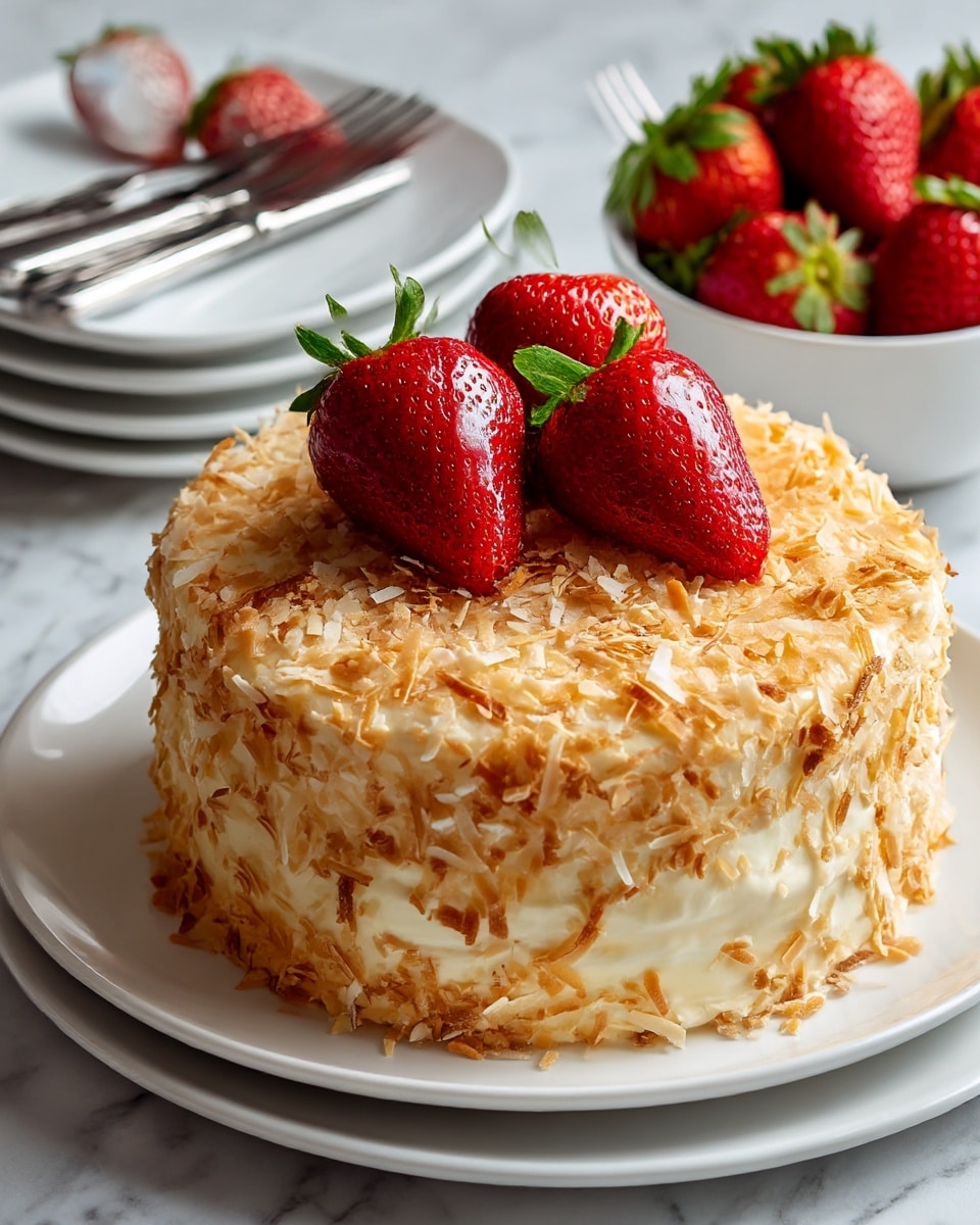 A round, light cream-colored cake covered all over with toasted shredded coconut flakes forms the main layer. On top, three large, shiny red strawberries with green leaves rest close together in the center. The cake sits neatly on a white plate, placed on a white marbled surface. In the background, there is a white bowl full of fresh strawberries, and a stack of white square plates with a shiny fork and knife on top. Photo taken with an iphone --ar 4:5 --v 7