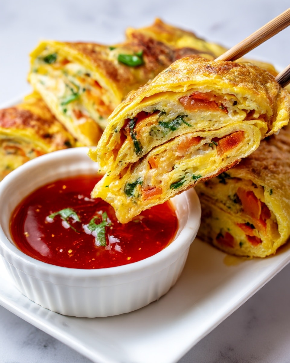 A close-up of a thick, rolled omelette being held by chopsticks, showing about five tightly layered folds with visible pieces of orange carrot and green herbs inside the yellow egg layers. The omelette is dipped into a small white ramekin filled with shiny, thick red sauce. The ramekin sits on a white square plate placed on a white marbled surface. The texture of the omelette looks soft and fluffy, with small air holes and a smooth outer layer. Photo taken with an iphone --ar 4:5 --v 7
