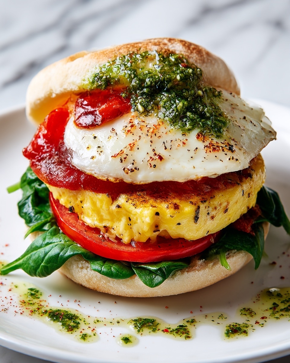 Three stacked breakfast sandwiches are shown on a white marbled surface with small green herb pieces scattered around. Each sandwich has three layers: the top and bottom layers are toasted English muffins with a rough, grainy texture and light brown color, and the middle layer features folded yellow eggs topped with melted creamy white cheese and green herb sauce spread unevenly. A bright red tomato is blurred in the background on the left side. The overall look is fresh and inviting. photo taken with an iphone --ar 4:5 --v 7