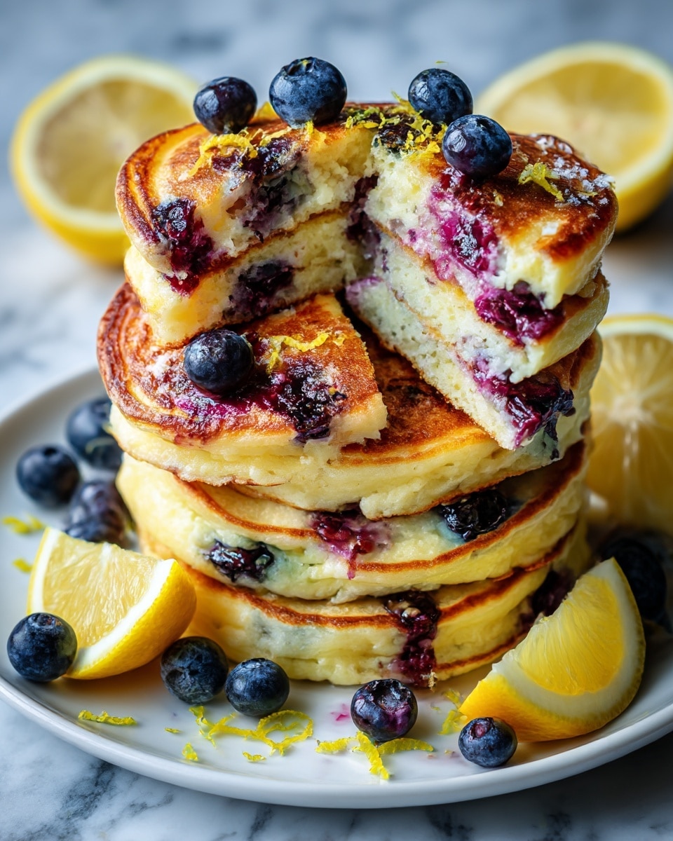 The image shows a close-up of several round pancake-like cakes with a golden brown crust on top, revealing soft, fluffy insides dotted with dark blueberries. The cakes are stacked closely together on a white plate, with some whole fresh blueberries scattered around them. The colors include warm browns of the cooked tops, creamy light interiors, and deep blue spots of the blueberries. The white plate sits on a white marbled surface, and a woman's hand is touching one of the cakes from the side. photo taken with an iphone --ar 4:5 --v 7